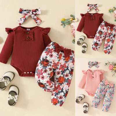 Newborn Baby Girls Ribbed Romper Tops Floral Pants Headband Outfits Clothes Set - Image 1 of 4