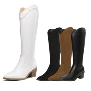 Women Cowboy Western Boots Chunky Heel Pointed Toe Side Zipper Knee High Boots - Picture 1 of 21