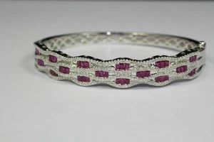 Simulated  Baguette Cut White Sapphire & Pink Ruby Bangle Cuff Women's Bracelet - Picture 1 of 9