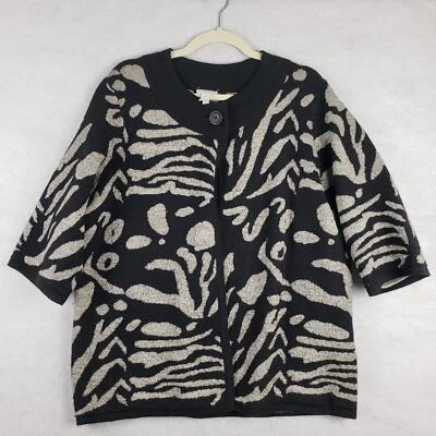 Chicos L Short Sleeve Animal Print Wool Cardigan Sweater Black Zebra Cheetah - Image 1 of 4
