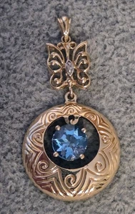 10k Yellow Gold Blue Topaz & Round Diamond Pendant Heng Ngai - Picture 1 of 15