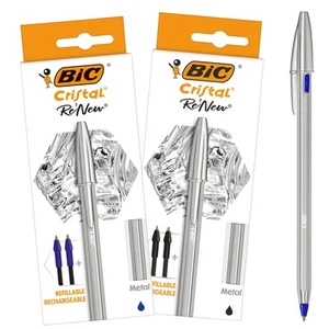 BIC Cristal Re New Premium Refillable Ballpoint Pen in Black and Blue Pack of 2 - Picture 1 of 24