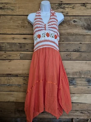 Handmade Halter Dress With Embroidered Crocheted Upper Sz Small Orange - Image 1 of 3