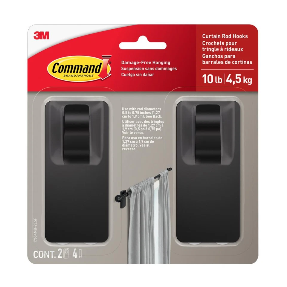 3M Command Curtain Rod Hooks Black 10 lb 2 Pack Damage Reusable Strips