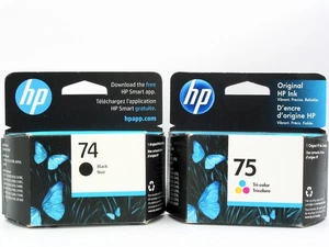 Czarne i trójkolorowe wkłady atramentowe HP 74 & 75 - Nowe w sprzedaży detalicznej Pkg - Exp 10/22 i 12/25 - Zdjęcie 1 z 4