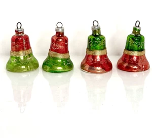 Vintage Glas Baumschmuck 4 Glocken rot, grün und gold - Bild 1 von 4