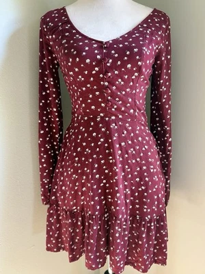 Mini Vestido Xs Borgoña Hollister Manga Larga Floral Cottagecore Boho Y2K Foto 1 de 4