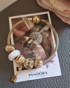 STUNNING PANDORA MESH BRACELET IN 18k YELLOW GOLD PLATED +6 CHARMS.18CM 566543 - Picture 1 of 17