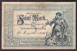Germany, Reichskassenschein, 5 mark. 10-1-1882. B.Nr 720355. (Pick 4). F-VF - Picture 1 of 2