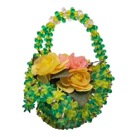 Vintage Safety Pin Green Floral Beaded St Patricks Day Basket Kitshy Folk Art Cover