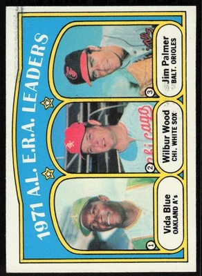 1972 Topps #92 1971 A.L. E.R.A. Leaders (Vida Blue / Wilbur Wood / Jim Palmer) Foto 1 de 2