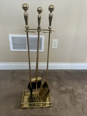 Juego de herramientas de 3 piezas de chimenea estilo Regencia MCM Hollywood acabado dorado de latón 30" Foto 1 de 4