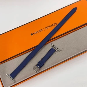 Correa para reloj Hermes Apple doble gira azul marino cuero rápido 42 41 40 38 mm - Imagen 1 de 8