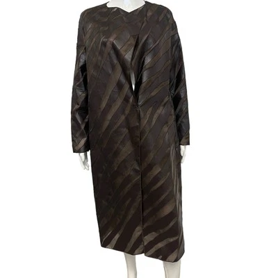 AKRIS Brown Silk Striped Faux Leather Collarless Mid-Length Galileo Coat 40 US 8 - Image 1 of 4