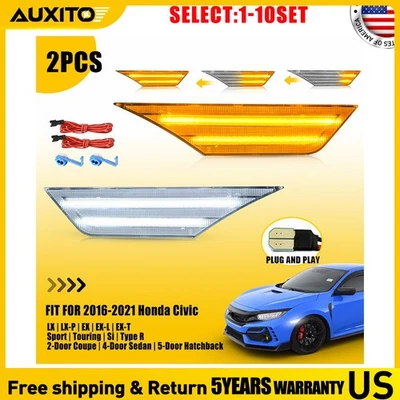 Fit 2016-2021 Honda Civic Touring Si Type R Clear LED Side Marker Lamp 2-20X - Image 1 of 4