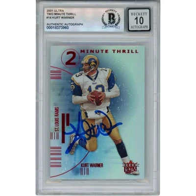 Tarjeta coleccionable Beckett 50106 Fleer #14TT autografiada 2001 por Kurt Warner Foto 1 de 2