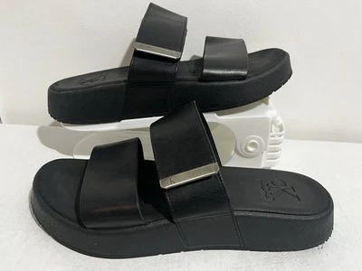 Calvin Klein Sandals Size 8.5M UK 7 Black Leather Slip On Adjustable Hook Loop - Image 1 of 4