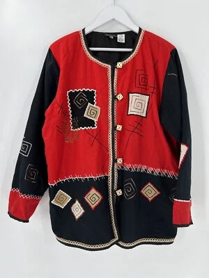 Moda Bug Chaqueta Vintage Mujer 14/16 Rojo Negro Botón Bordado Patchwork Foto 1 de 4