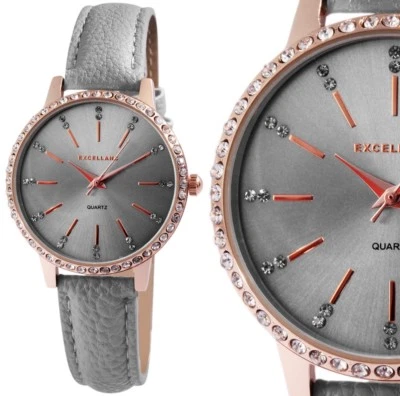 Damenuhr Frauen Armbanduhr edel Grau Rosegold Bling Kunstleder 1900078 Excellanc - Bild 1 von 4