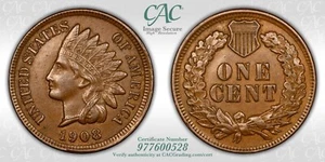 1908 Indian Cent CACG AU-55 CAC - Picture 1 of 3