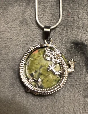 Unakite 宝石蜥蜴吊坠银色蛇链项链  — 第 1/4 张图片