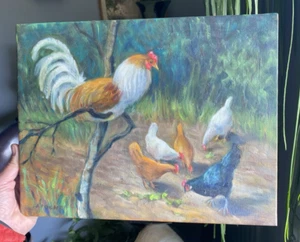 Original Hand Painted Rooster & Hens Grazing, Signed. - Picture 1 of 9
