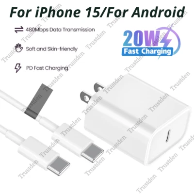 For Android iPhone 15 iPad Pro 20W PD Fast Wall Charger Dual USB C Type C Cable - Image 1 of 4