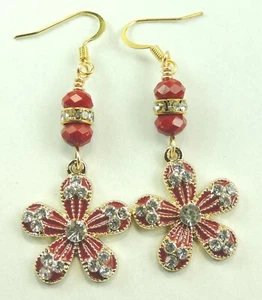 Rote Emaille Strass Blume Ohrringe mit roten Kristall Handarbeit Schmuck - Bild 1 von 1