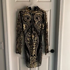 Black & Gold Sequin Bodycon Long Sleeve Dress M - Picture 1 of 10