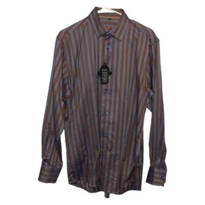 Camisa de vestir Visconti negra a rayas azules y naranjas para hombre talla mediana nueva con etiquetas - Imagen 1 de 6