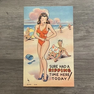 Woman Torn Swim Suit Risque Comic Art Humor Postcard - Picture 1 of 2