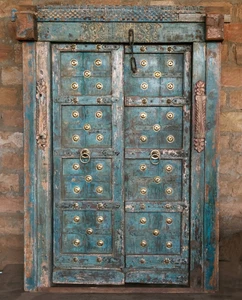 ANTIQUE INDIAN DOOR Teak Wood Blue Haveli Doors Hand Carved Brass Doorway 19c