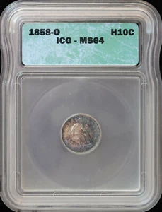1858-O H10C Seated Liberty Half Dime ICG MS 64 | Uncirculated BU Color Toning 5c - Picture 1 of 4