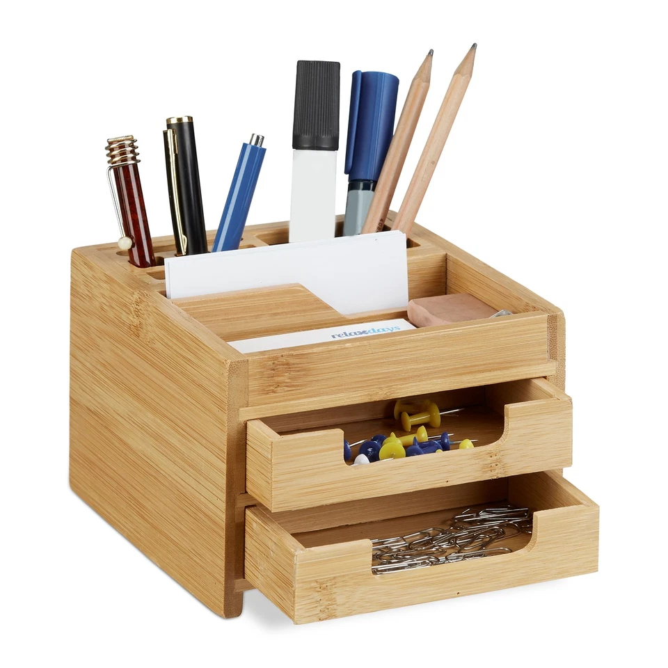 Schreibtisch organizer bambus Stiftebox aus Holz 2 Schubladen klein viele Fächer - Bild 1 von 4