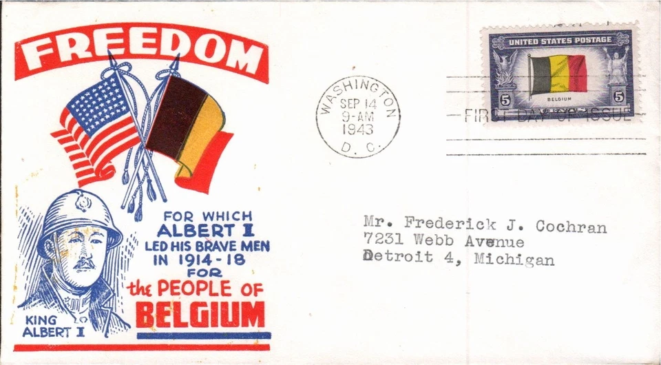 WW2 OVERRUN COUNTRIES BELGIUM #914 SEP 14 1943 WASHINGTON DC FIRST DAY COVER - Image 1 of 1