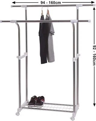 Clothes Rail Heavy Duty Stainless Steel On Wheels Double Rack Storage Adjustable - Image 1 of 4
