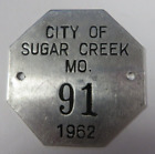 Vtg 1962 SUGAR CREEK, MISSOURI Bicycle License Plate Bike Metal Tag #91 LAST ONE