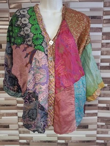 seltene Patchwork 100% Seide Vintage Bluse unisex Retro Hippie Sheek XL - Bild 1 von 13