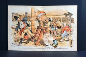 Republican Circus 1889 BLAINE RINGMASTER HAS HARRISON DOING ELEPHANT TRICKS Puck - Picture 1 of 10