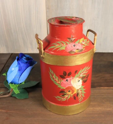Ancien Boîte à Thé en Forme de Petit Pot Bidon à Lait Peint Main Tôle Fleurs - Photo 1/4