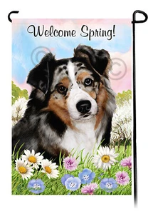 Welcome Spring Garden Flag - Blue Merle Australian Shepherd - Picture 1 of 1