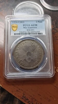 1914 GRO Guerrero Mexico Dos Pesos 2 Pesos PCGS AU58 Outstanding            4791 - Image 1 of 4