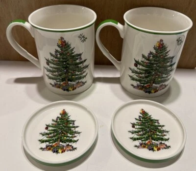 2 Spode Christmas Tree Mug Coffee Cup Coaster Lid 14 Oz Ceramic Seasonal Holiday - Image 1 of 4