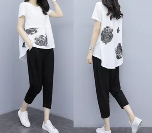 Women Summer Cotton Linen Short Sleeve Blouse Two Piece Shorts Set Tracksuit - Picture 1 of 7