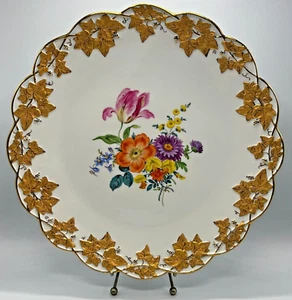 MEISSEN Grande piatto da torta in porcellana 13" - floreale con bordo foglie oro rialzate - Foto 1 di 8