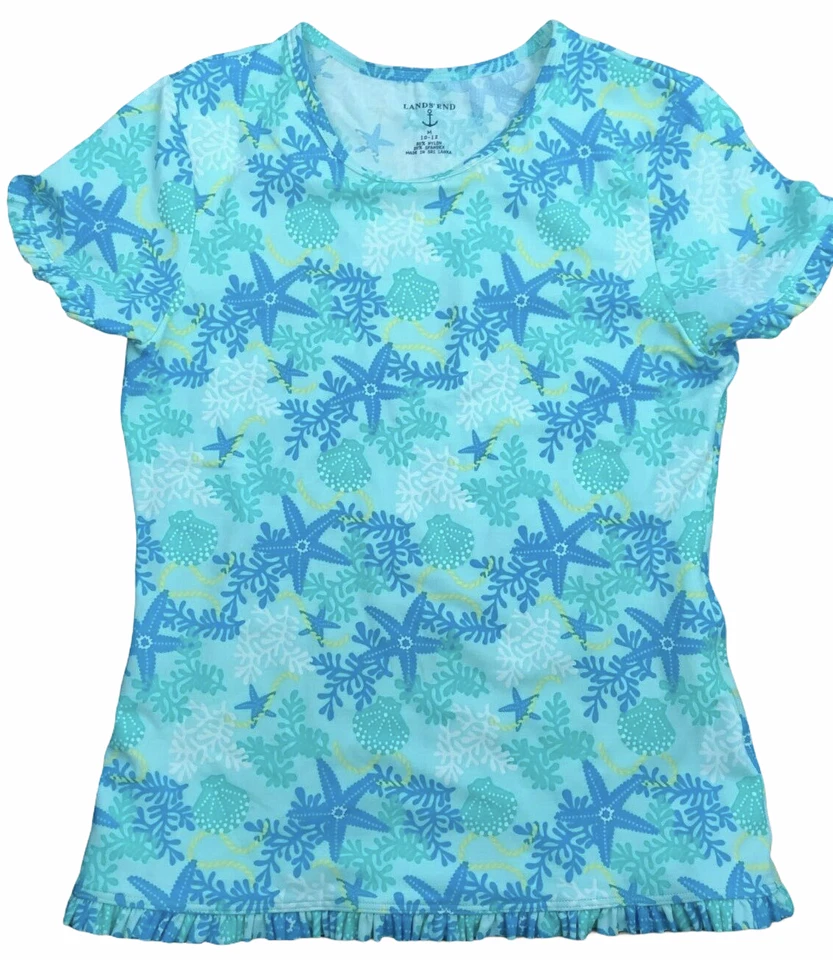 Camiseta Lands End manga corta protector contra erupciones volantes mangas dobladillo inferior azul verde Foto 1 de 4