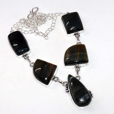 Collar étnico enchapado en plata 925 ojo de tigre negro joyería tamaño 18" GW Foto 1 de 3