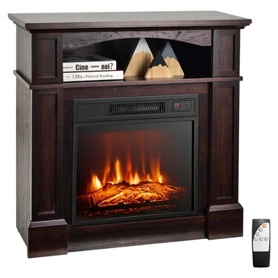 Electric 32" 1400W Fireplace Mantel TV Stand Space Heater W/ Shelf Brown - Image 1 of 4