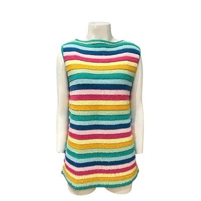 Vintage 60s Rainbow Stripe Terry Cloth Style Tank Top embroidery shirt Medium ^ - Image 1 of 4
