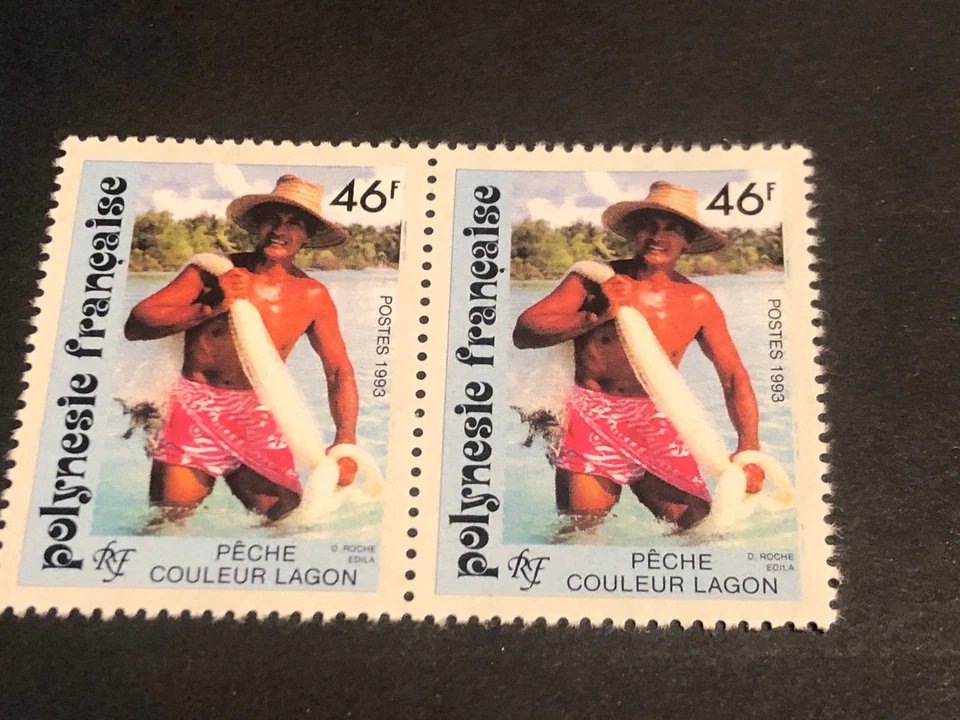 FRENCH POLYNESIA Stamp Lot Pair Fishing in Color Lagoon MNH K55 - Image 1 of 1